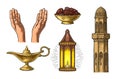 Praying Hands, arabic lamp,dates fruit, minaret and Aladdin lamp