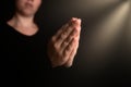 Praying hands with faith in religion and belief in God on blessing background. Power of hope or love and devotion Royalty Free Stock Photo