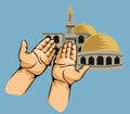Praying hands in front of mosque