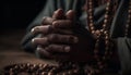 Praying hands hold rosary beads, symbol of African Catholicism culture generated by AI