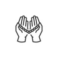 Praying hands holding Rosary Tasbih line icon. Royalty Free Stock Photo