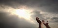 praying hands of a man for blessings his god on the sunset Royalty Free Stock Photo