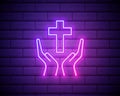 Praying hands neon sign. Gratitude or prayer design. Night bright neon sign, colorful billboard, light banner. Vector illustration