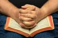 Praying Hands On An Old Open Bible Royalty Free Stock Photo