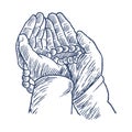 Praying hands with rosary, hand drawn vintage engraving sketch vector illustration. A human prays, holding a rosary in his hands Royalty Free Stock Photo