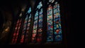 Praying inside Cologne Gothic Abbey, admiring stained glass window generated by AI