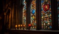 Praying inside Gothic chapel, illuminated by flame generated by AI