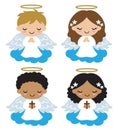 Praying Little Boy and Girl Baptism Angels Vector Illustration