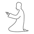 Praying man. Sketch. A man in a Muslim long shirt and skullcap is kneeling and raising his palms up