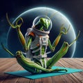 a praying mantis-like alien in a space suit is exercising yoga Royalty Free Stock Photo