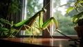 Praying mantis near windows with shining light trougtht it