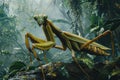 A praying mantis perched on a rock in the jungle, waiting for prey Royalty Free Stock Photo