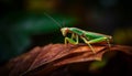 Praying mantis sitting on green leaf, looking generated by AI