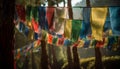 Praying under colorful prayer flags in a vibrant mountain landscape generated by AI