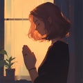 Praying Woman, Blurred Sunset Window - Emotional Stock Image Royalty Free Stock Photo