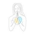 Praying woman with heart of Ukrainian flag colors. Continuous line drawing of prayer, vector illustration. Stay with Royalty Free Stock Photo