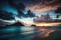 Pre-dawn view of the Moku islands at Lanikai Beach, Oahu, Hawaii stock photo Beach, Cloud - Sky, Coastline, Color Image, Dawn, AI