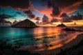 Pre-dawn view of the Moku islands at Lanikai Beach, Oahu, Hawaii stock photo Beach, Cloud - Sky, Coastline, Color Image, Dawn, AI