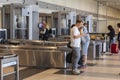 pre-flight screening at airport. Preflight inspection area at Domodedovo airport with staff scanners