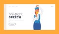 Pre-flight Speech Landing Page Template. Stewardess Airplane Staff Female Character Show how to Put on Oxygen Mask Royalty Free Stock Photo