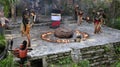 Pre-Hispanic Mayan amerindian people performance into the jungle in the ancient Mayan Village