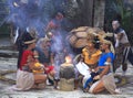 Pre-Hispanic Mayan amerindian people performance into the jungle