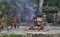 Pre-Hispanic Mayan amerindian people performance into the jungle