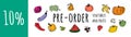 Pre-order vegetables and fruits horizontal banner with colorful compositions of whole and sliced fresh vegetables and fruits in a