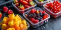 Pre packed fresh fruit selections in plastic containers, convenience for on the go snacking, nutritious. Royalty Free Stock Photo