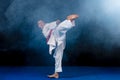 Pre-teen boy doing karate on a black background with smoke Royalty Free Stock Photo