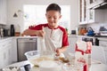 Pre-teen boy making a cake in the kitchen mixing cake mix, smiling, close up