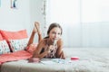 Pre teen girl doing school homework Royalty Free Stock Photo