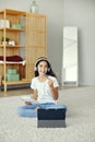 Pre-teen girl using tablet studying online Royalty Free Stock Photo
