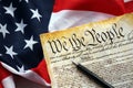 Preamble to the Constitution of the United States and American Flag close up Royalty Free Stock Photo