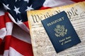 Preamble to the Constitution of the United States with passport and American Flag Royalty Free Stock Photo