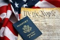 Preamble to the Constitution of the United States with passport and American Flag Royalty Free Stock Photo