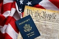 Preamble to the Constitution of the United States with passport and American Flag Royalty Free Stock Photo