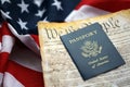 Preamble to the Constitution of the United States with passport and American Flag Royalty Free Stock Photo