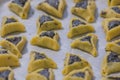 Prebaked `Haman pockets` also known as Hamantashen, an Ashkenazi Jewish triangular filled-pocket cookies