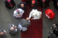 Prebendaries greet Pope Benedict at the entrance to the Zagreb cathedral