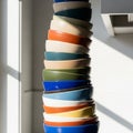 Precarious stack of ceramic bowls in various colors, including Royalty Free Stock Photo