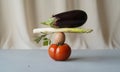 Precarious stack of fresh organic vegetables and egg in a balanced still life composition Royalty Free Stock Photo