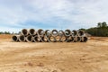 Concrete drainage pipes on contruction site of new home development Royalty Free Stock Photo