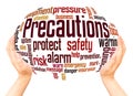 Precautions word cloud hand sphere concept