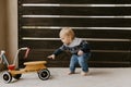 Precious Adorable Cute Little Blonde Baby Toddler Boy Kid Playing Outside on Wooden Toy Bicycle Scooter Mobile Smiling at the Came Royalty Free Stock Photo