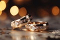 Precious bands Silver and gold wedding rings, bokeh background allure Royalty Free Stock Photo