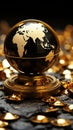 A precious black and gold globe framed by a heap of gold coins Royalty Free Stock Photo