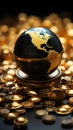 A precious black and gold globe framed by a heap of gold coins