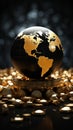 A precious black and gold globe framed by a heap of gold coins