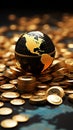 A precious black and gold globe framed by a heap of gold coins Royalty Free Stock Photo